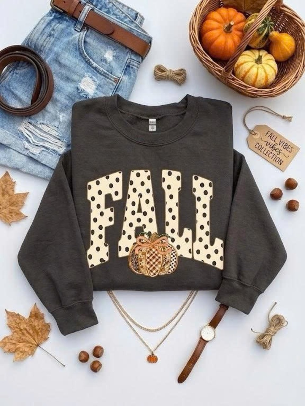 Fall Vibes Pumpkin Graphic Sweatshirt Cozy Autumn Charcoal Crewneck Pullover